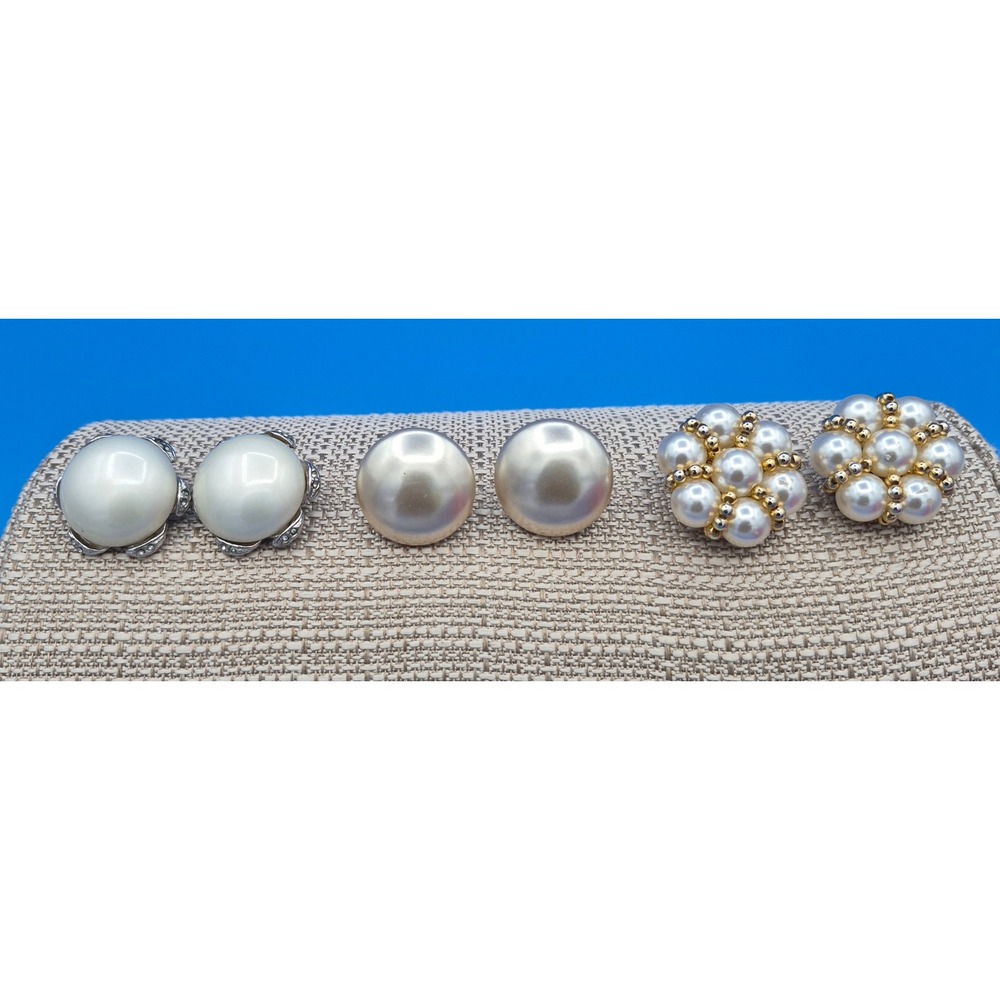 Vintage Faux Pearl Earrings Clip On Screw Back Set 3 Pairs White Gold Silver